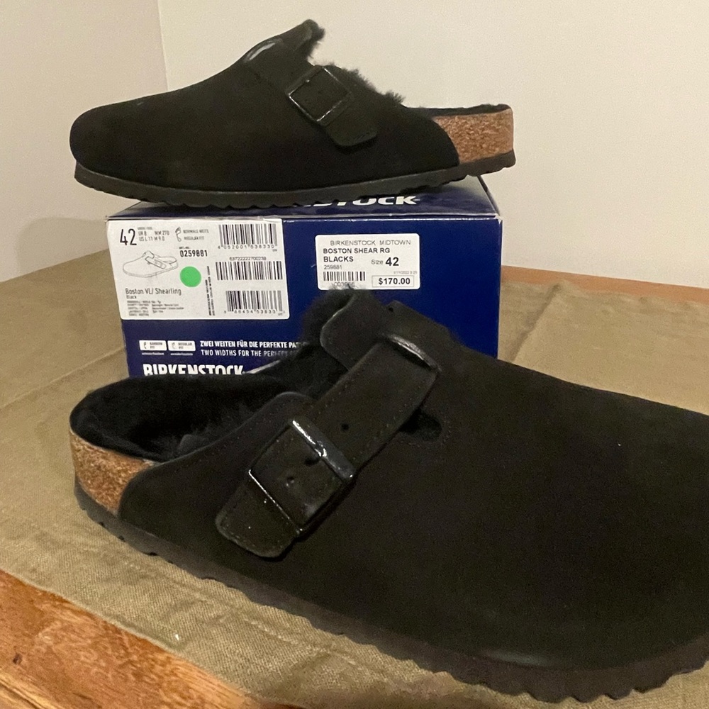 Birkenstock Boston Shearling Suede Leather Black 42 Narrow